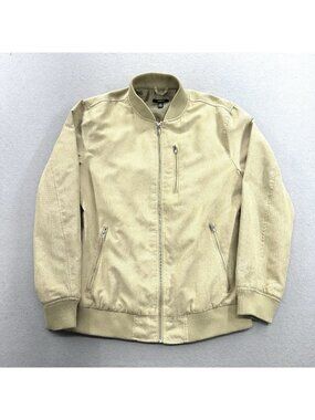 Alfani Bomber Jacket Mens M Beige Textured Diamond Weave Faux Suede Full Zip EUC